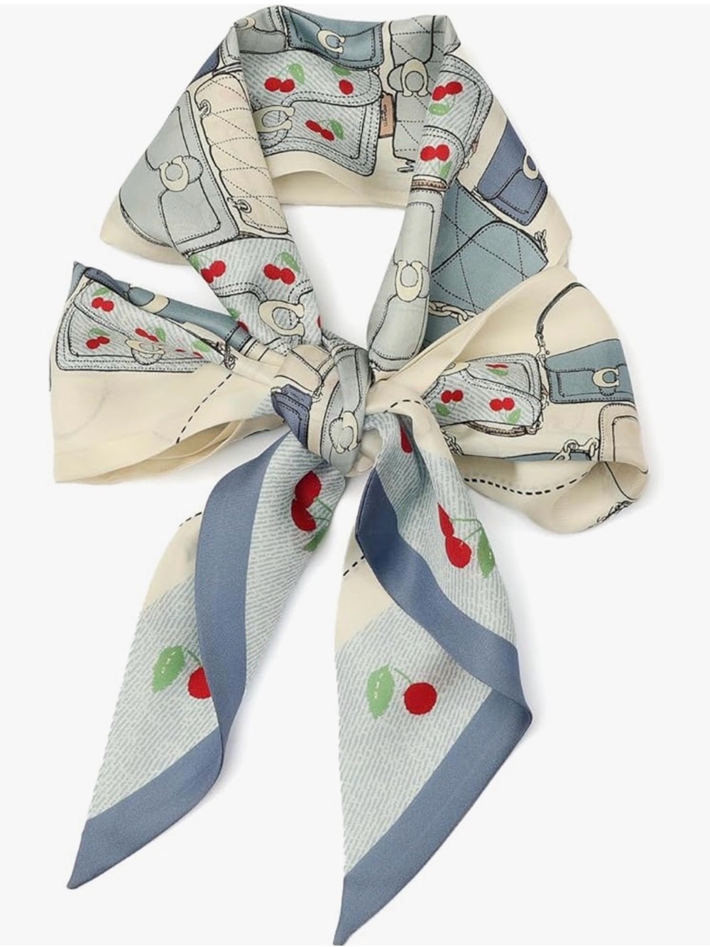 NEW Coach Tabby Cherry Printed Light Blue Cream Silk Wide Skinny Scarf Twilly